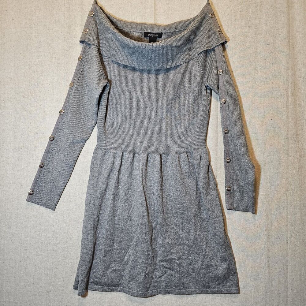 White House Black Market Gray Off Shoulder Sweater Dress Silver Button Detail XL
